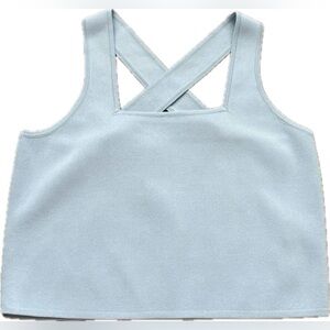 GREY LAB Dusty Blue Ribbed Kknit Criss-Cross Back Crop Tank Top